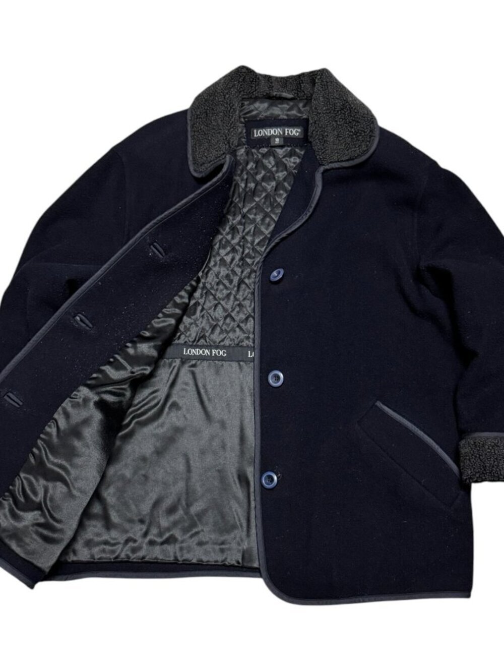LONDON FOG Designer WOOL Sherpa Fleece Blue Winter Parka Coat Womens 10 Petite